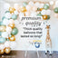 Balloon arch with colorful balloons and a giraffe toy in a room.
