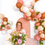 Woman holding a bouquet of flowers surrounded by a balloon arch on a white background
