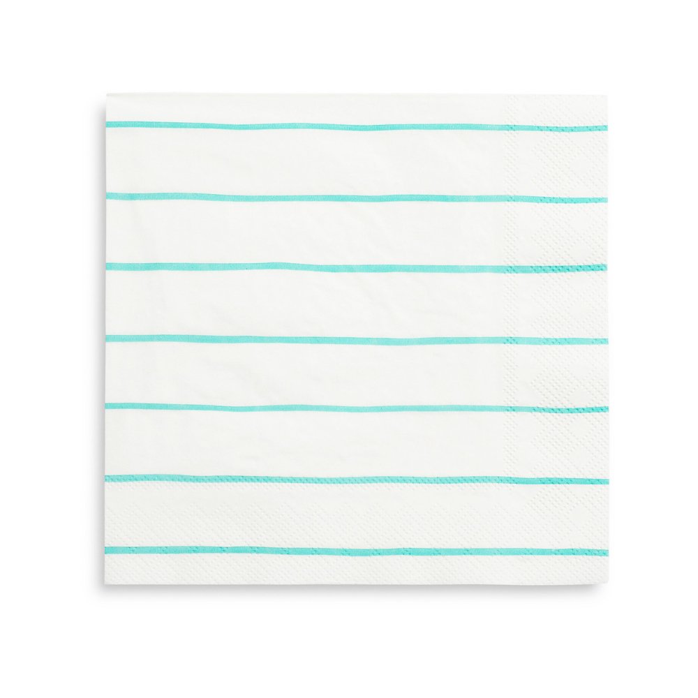 Aqua green striped paper napkins on a white background