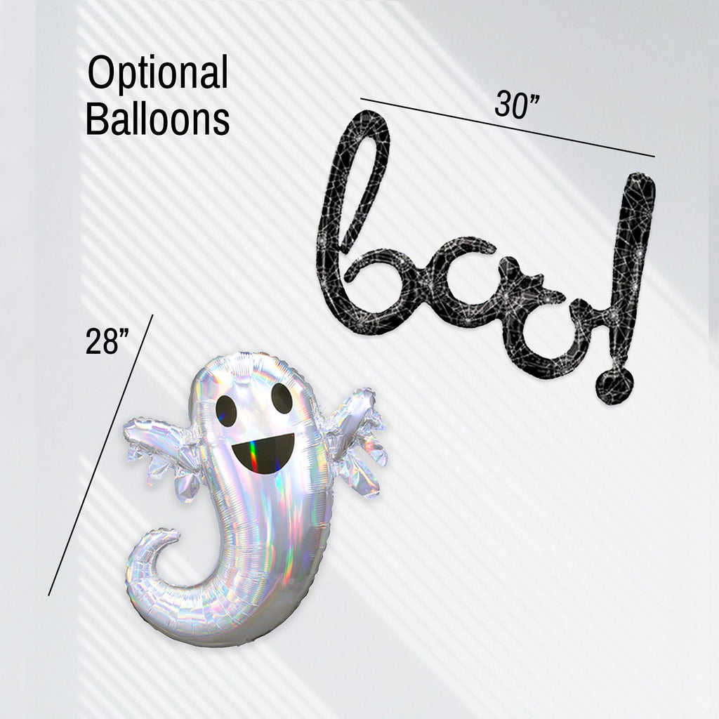 Ghost-shaped balloon with 'boo!' decoration and measurements on a white background