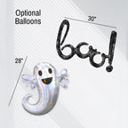 Ghost-shaped balloon with 'boo!' decoration and measurements on a white background