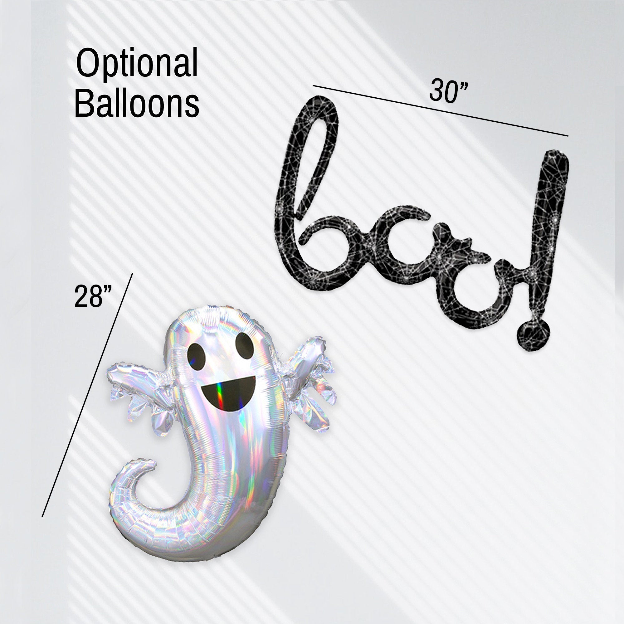 Ghost-shaped balloon with 'boo!' decoration and measurements on a white background
