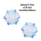 Two snowflake-shaped balloons with text indicating an optional 2-pack of 18-inch balloons.