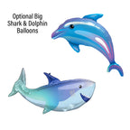 Two inflatable shark and dolphin balloons on a white background with text indicating they are optional.