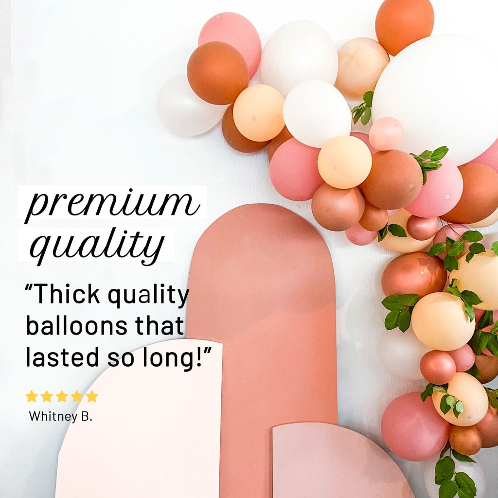 Decorative balloon arch with pink, orange, and white balloons on a white background, featuring a product review.
