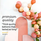 Decorative balloon arch with pink, orange, and white balloons on a white background, featuring a product review.