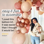 Woman holding a dog in front of a balloon arch with text about the balloon kit's ease of assembly.