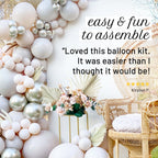 Balloon arch with decorative elements and a chair, featuring a five-star review.