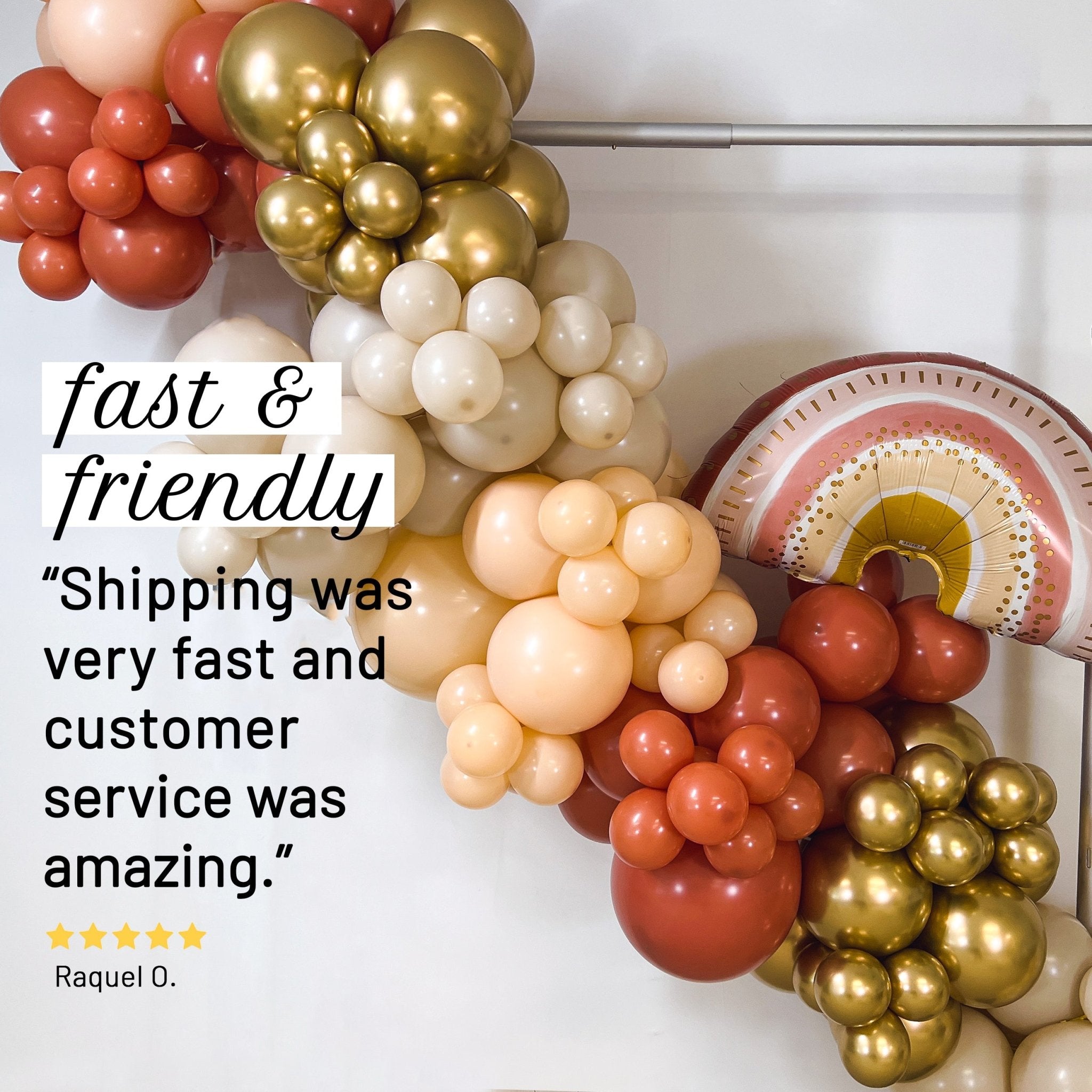 Balloon arch with text overlay about fast shipping and customer service