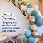Balloon arch with text overlay about fast shipping and excellent customer service
