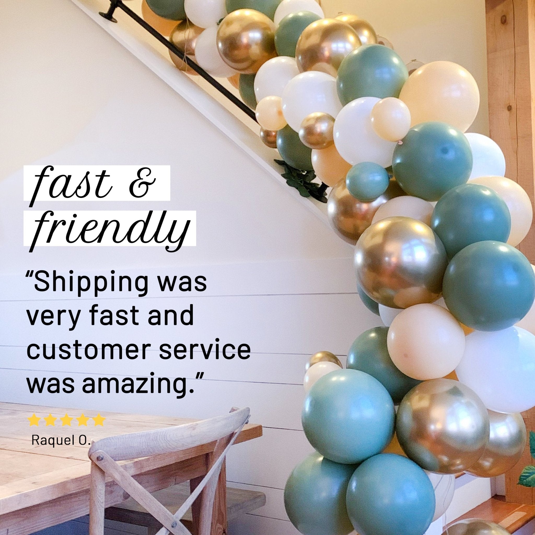 Balloon arch with text overlay about fast shipping and excellent customer service