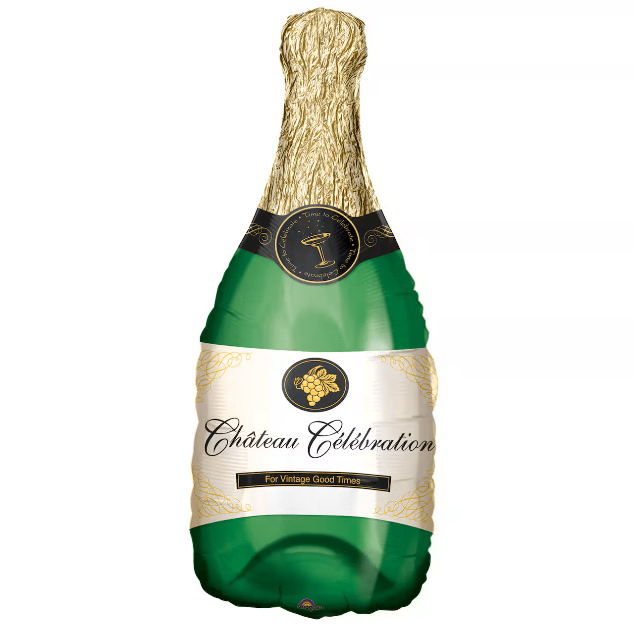 Balloon shaped like a green champagne bottle with gold foil and label on a white background