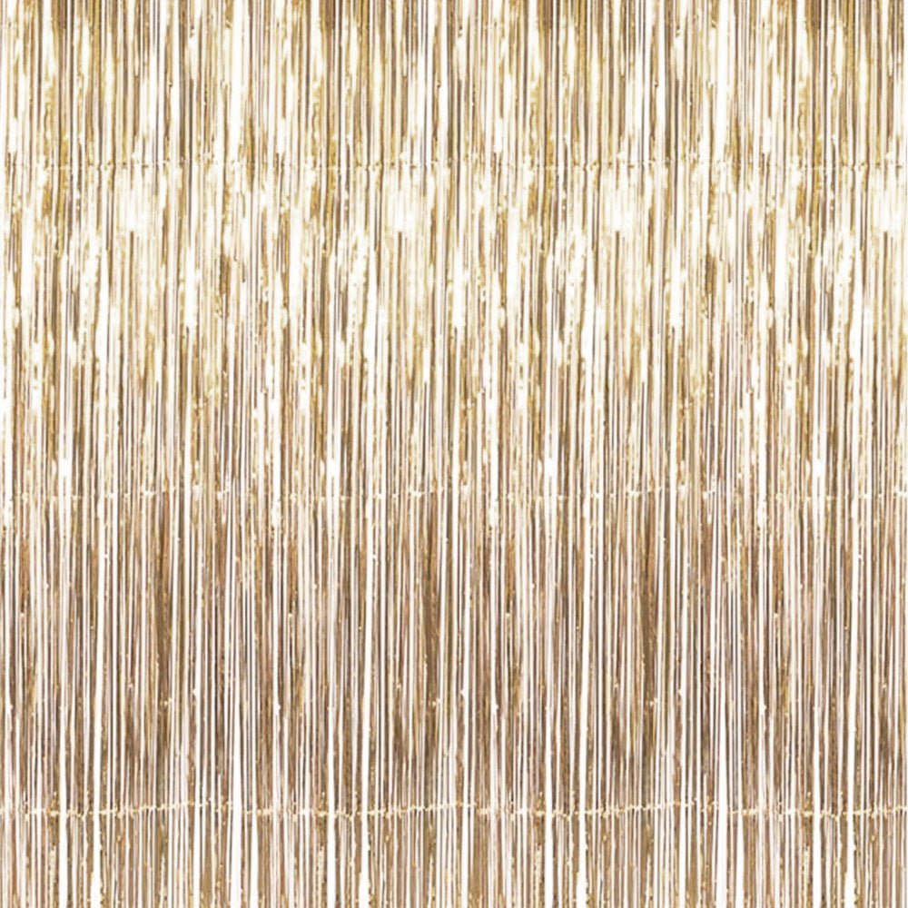 Champagne gold metallic fringe tinsel curtain backdrop with vertical lines