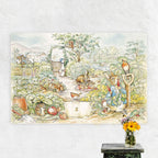 Illustration of animals in a garden setting on a wall, with a vase of flowers in the foreground.