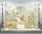 Illustration of animals in a garden setting with a white backdrop