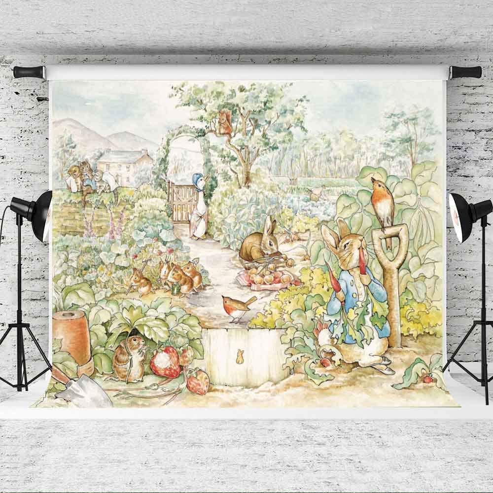 Peter Rabbit Illustrated garden scene Backdrop with animals on a white brick wall background Main image