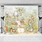 Peter Rabbit Illustrated garden scene Backdrop with animals on a white brick wall background