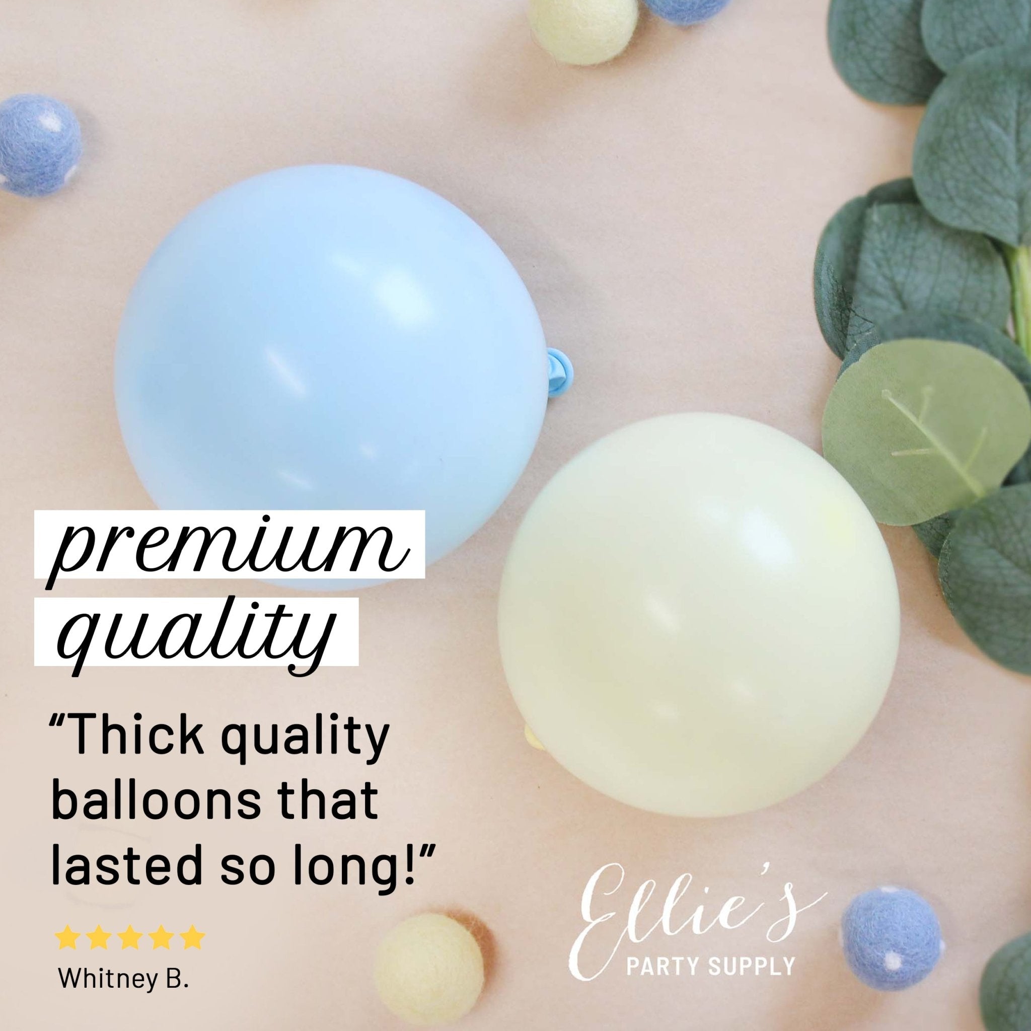 Pastel balloons with greenery on a soft background, featuring text about premium quality balloons.