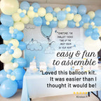 Balloon arch with blue and white balloons and a sign about the balloon kit.