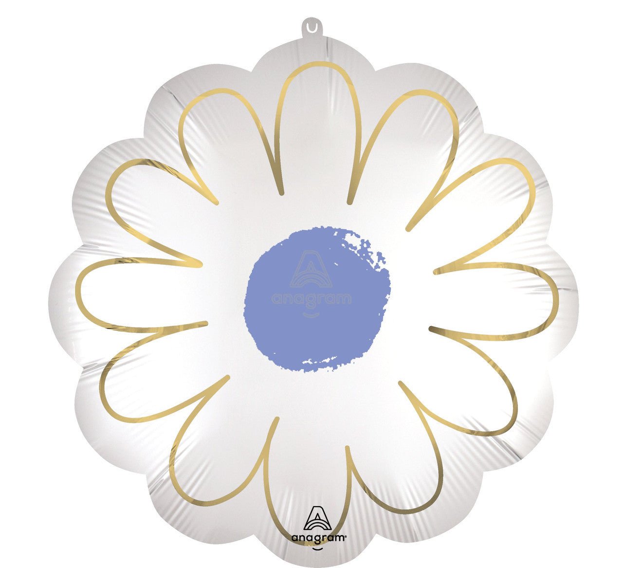 Decorative balloon shaped like a flower with gold accents and a blue center on a white background