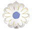 Decorative balloon shaped like a flower with gold accents and a blue center on a white background
