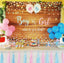 Gender reveal party setup with 'Boy or Girl' sign and balloons.