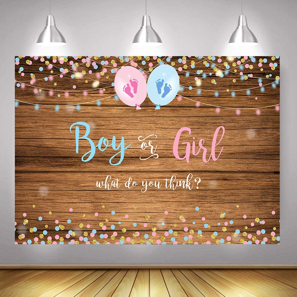 Gender reveal party backdrop with 'Boy or Girl' question and footprints on a wooden background.