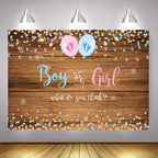 Gender reveal party backdrop with 'Boy or Girl' question and footprints on a wooden background.