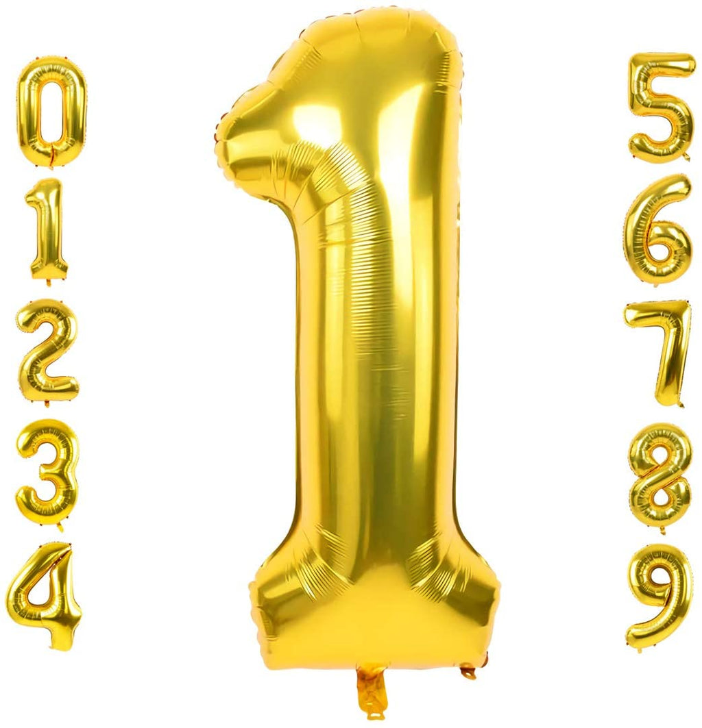 Gold foil number balloons from 0 to 9 on a white background