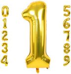 Gold foil number balloons from 0 to 9 on a white background