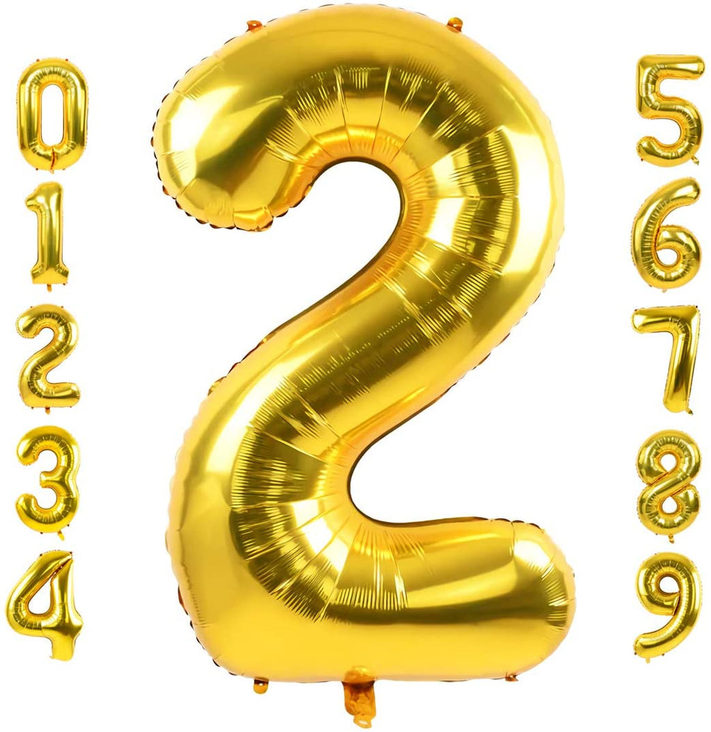 Gold number 2 balloon with other gold numbers on a white background