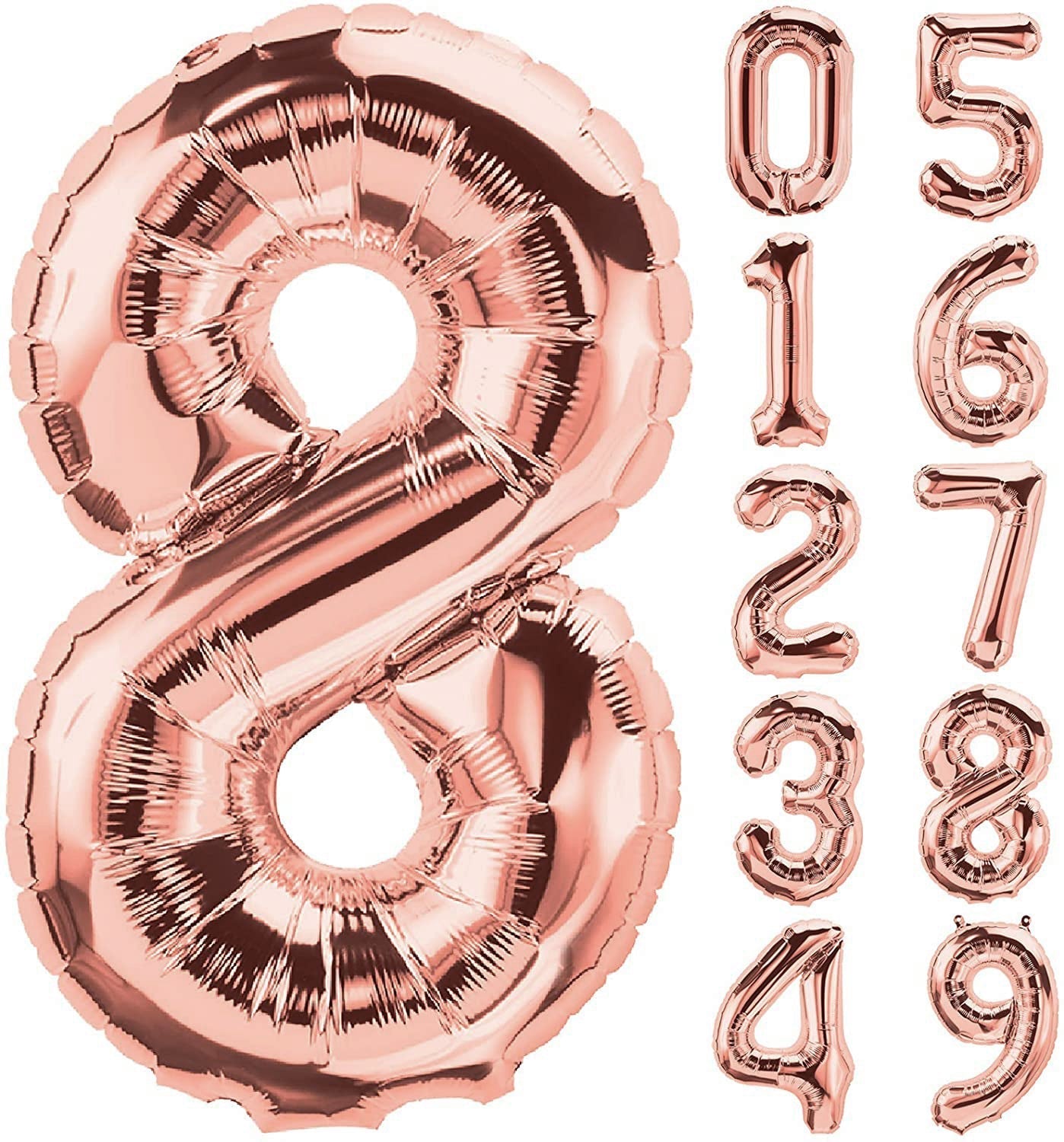 Rose gold number 8 balloon and additional numbers on a white background