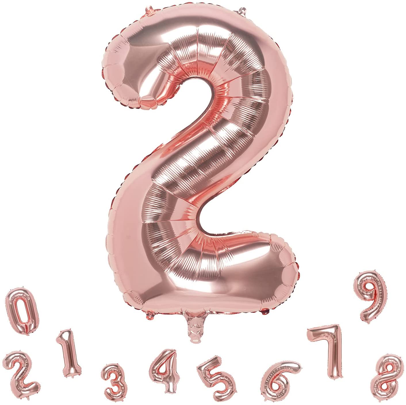 Rose gold number balloon '2' on a white background