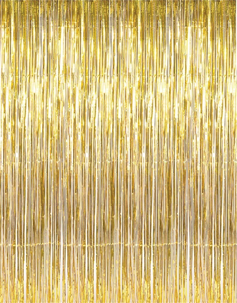 Gold metallic fringe tinsel curtain backdrop  with a shiny, reflective surface