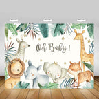 Jungle baby shower backdrop with cartoon animals and 'Oh Baby!' text on a wooden floor.