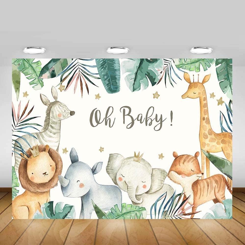 Jungle baby shower backdrop with cartoon animals and 'Oh Baby!' text on a wooden floor.