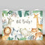 Jungle baby shower backdrop with cartoon animals and 'Oh Baby!' text on a wooden floor.