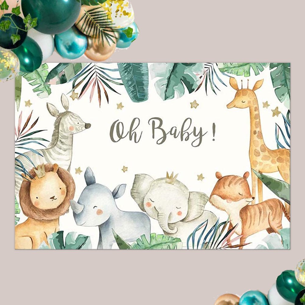 Jungle baby shower backdrop with cartoon animals and 'Oh Baby!' text on a floral background.