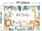 Jungle baby shower backdrop with cartoon animals and 'Oh Baby!' text, featuring a lion, zebra, giraffe, elephant, and others, with measurements indicated.