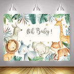 Jungle baby shower backdrop with cartoon animals and 'Oh Baby!' text on a light gray wall.