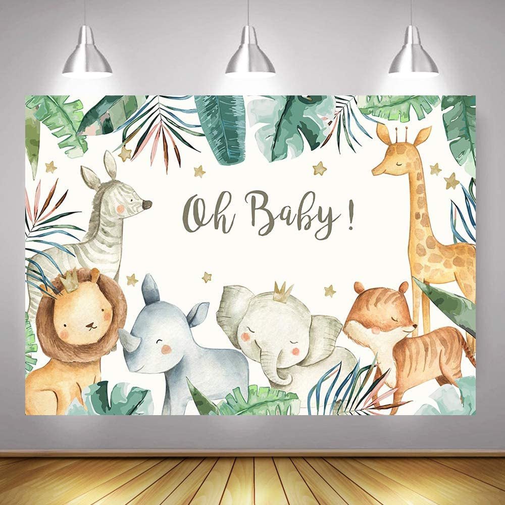 Jungle baby shower backdrop with cartoon animals and 'Oh Baby!' text on a light gray wall.