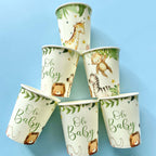 Paper cups with animal illustrations and 'Oh Baby' text on a blue background