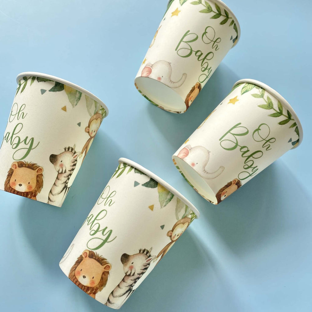 Four paper cups with animal illustrations and 'Oh Baby' text on a blue background