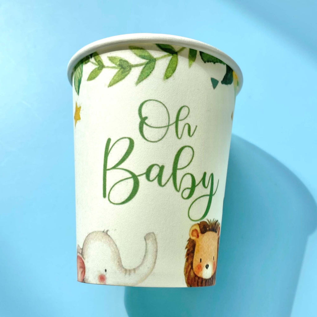Paper cup with 'Oh Baby' text and animal illustrations on a blue background