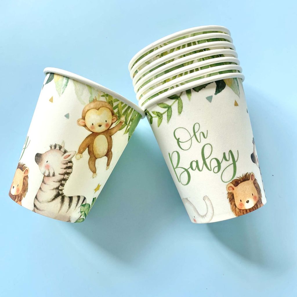 Paper cups with animal illustrations and 'Oh Baby' text on a blue background