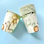 Paper cups with animal illustrations and 'Oh Baby' text on a blue background