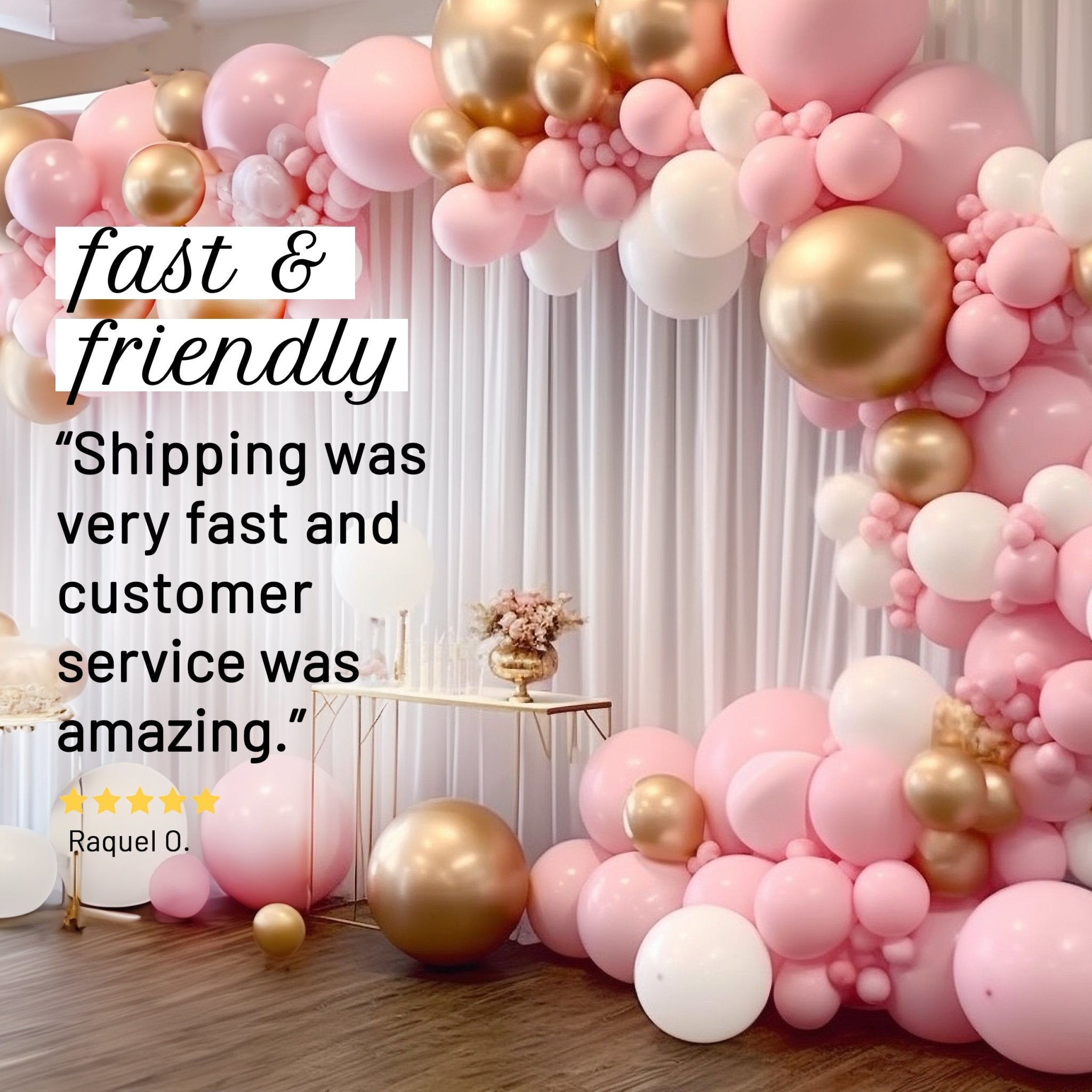 Balloon arch with pink, gold, and white balloons in a room setting.