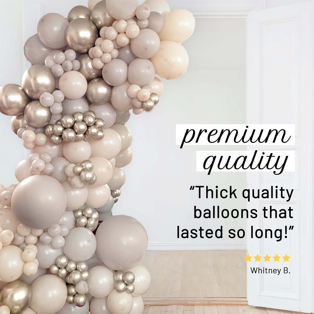 Balloon arch with text about premium quality balloons