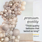 Balloon arch with text about premium quality balloons