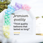 Colorful balloon arch with text praising the quality of the balloons.